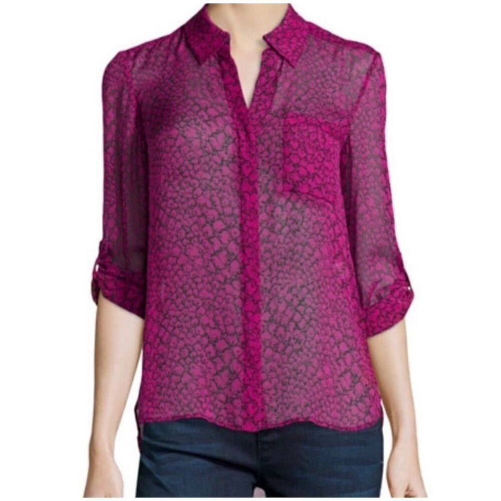 Diane Von Furstenberg Printed Button-Up Blouse Top in Purple Silk Women’s Size 8